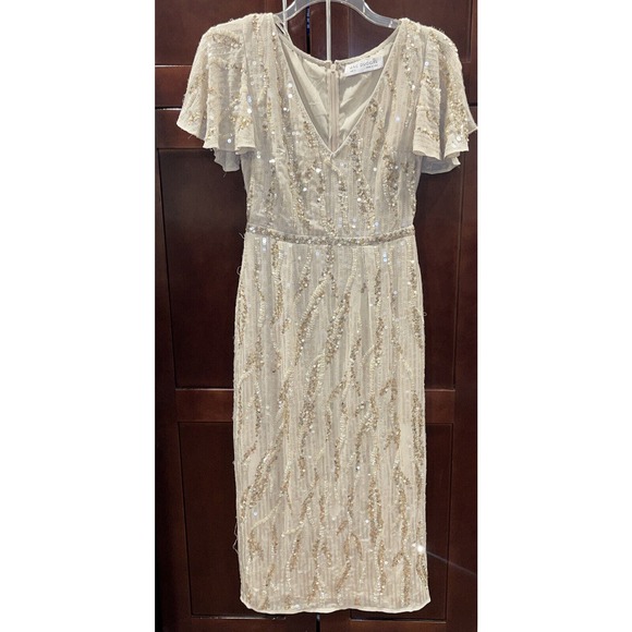 MAC DUGGAL 93591 SEQUINED V-NECK FLUTTER SLEEVE TEA LENGTH OYSTER SHEAT DRESS 4 - Picture 7 of 11